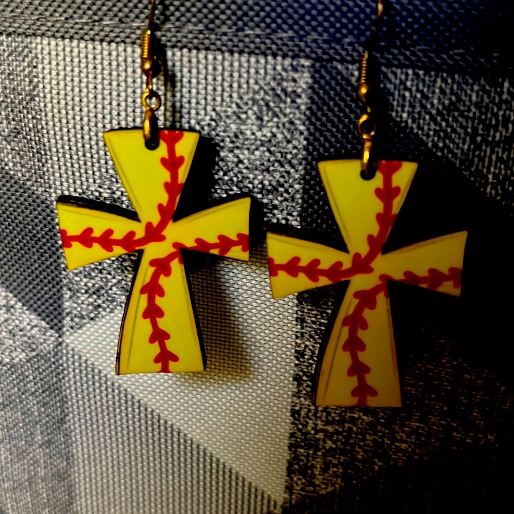 cross softball earrings with gold back